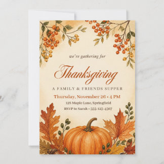 Berry Branch Watercolor Pumpkin Thanksgiving Invitation