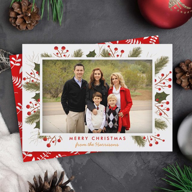 Berry Branches Frame | Modern Christmas Photo Flat Holiday Card (Creator Uploaded)