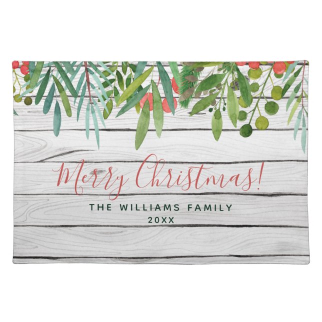 Berry & Branches Merry Christmas Family Name  Cloth Placemat (Front)