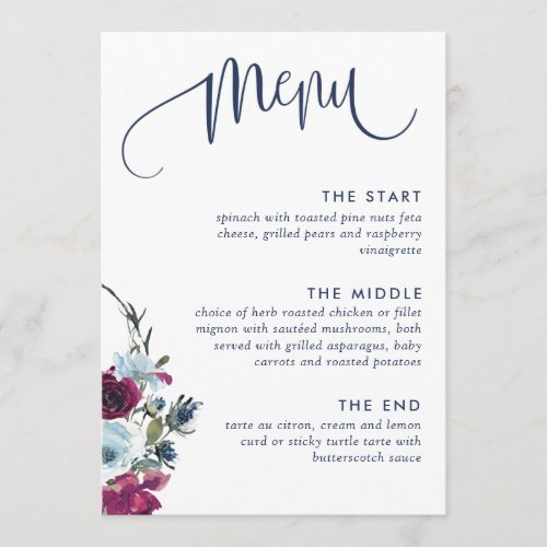 Berry Burgundy and Blue Floral Elegant Wedding Menu