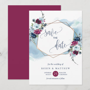 Berry, Burgundy and Blue Floral, Elegant Wedding  Save The Date