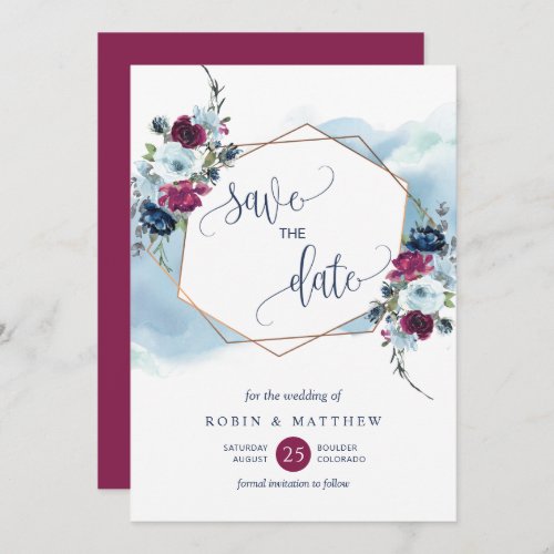 Berry Burgundy and Blue Floral Elegant Wedding  Save The Date