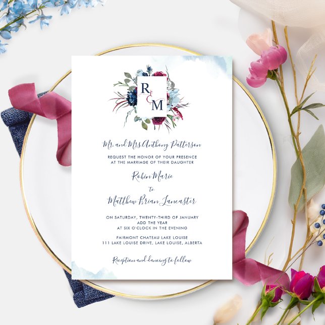 Berry, Burgundy and Blue Floral Monogram Wedding Invitation (Creator Uploaded)