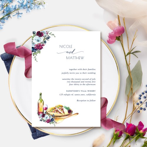Berry Burgundy and Blue Floral Pizza Wedding Invitation