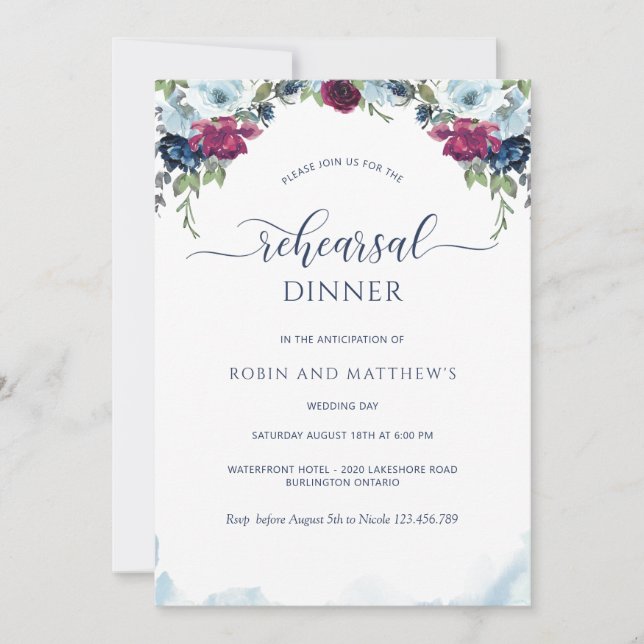 Berry, Burgundy and Blue Floral Rehearsal Dinner Invitation (Front)
