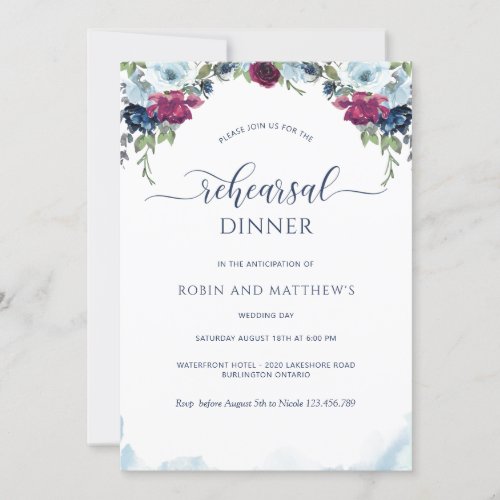 Berry Burgundy and Blue Floral Rehearsal Dinner Invitation