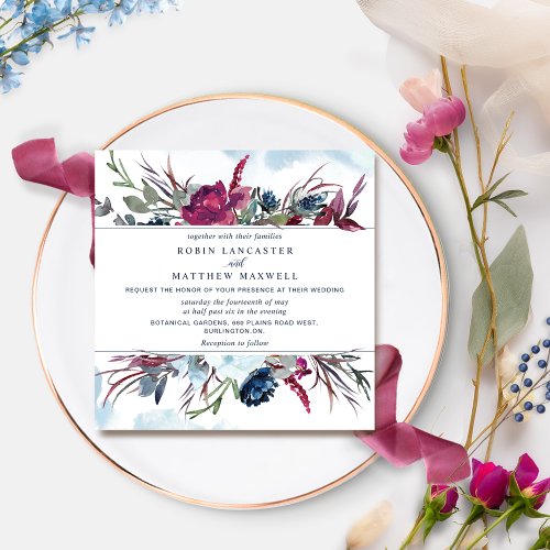 Berry Burgundy and Blue Floral  Square Wedding Inv Invitation