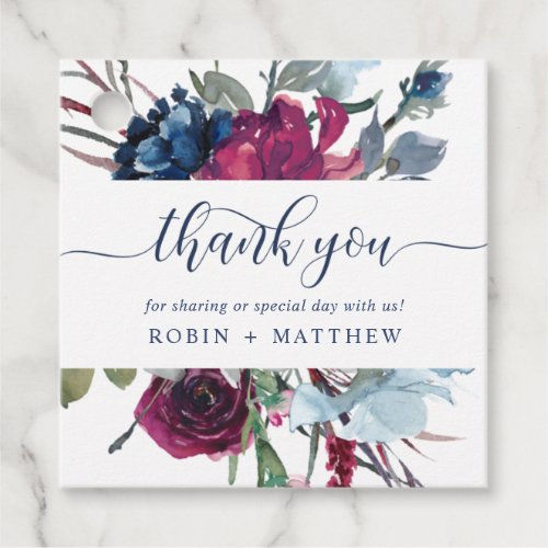 Berry Burgundy and Blue Floral Thank You Wedding  Favor Tags