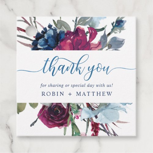 Berry Burgundy and Blue Floral Thank You Wedding Favor Tags