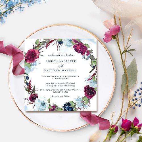 Berry Burgundy and Blue Floral Wreath Wedding Invitation