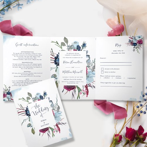 Berry Burgundy Blue All in One Wedding with RSVP T Tri_Fold Invitation