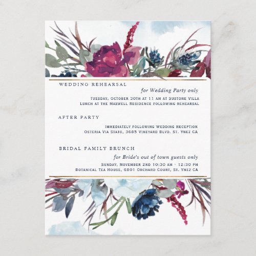 Berry Burgundy  Blue Floral Wedding Details Enclosure Card