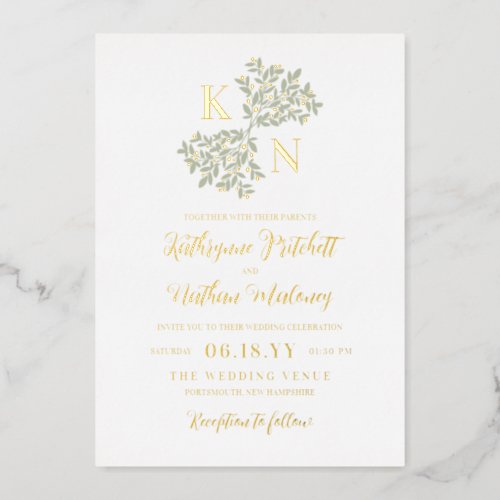 Berry Bush Monogram Together With Parents Wedding Foil Invitation