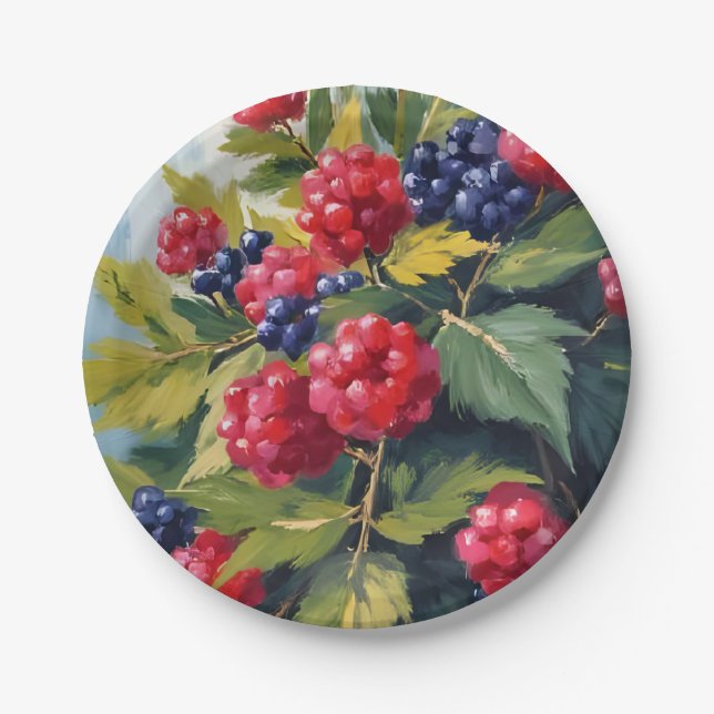 Berry Bush Raspberry Blackberries Watercolor Fruit Paper Plates (Front)