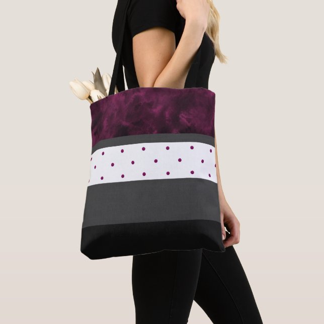 Berry Charcoal Black Polka Dot Stripes Tote Bag (Close Up)
