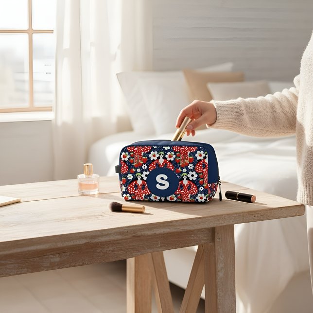 Berry Chic Botanical Pattern Dopp Kit (Floral monogram makeup bag in bold navy with bright blooms for everyday style.)