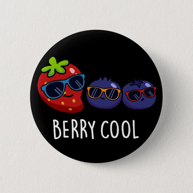 Berry Cool Funny Strawberry Blueberry Pun Dark BG Button (Front)