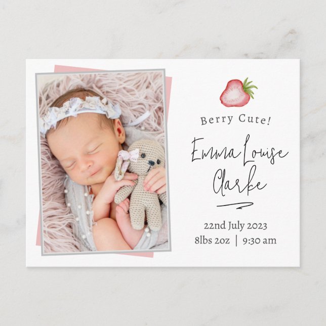 Berry cute birth announcement card with photo (Front)