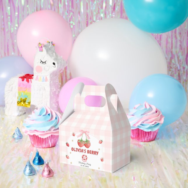 Berry Cute Pink Strawberry First Birthday Party Favor Boxes (Party)