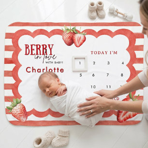 Berry Cute Strawberry Watercolor Monthly Milestone Baby Blanket