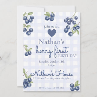 Berry First 1st Birthday Blueberry Gingham Invitation