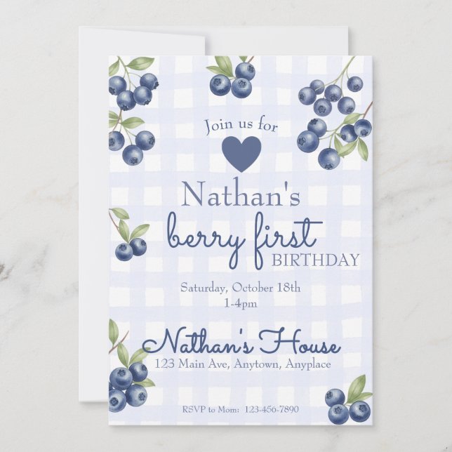 Berry First 1st Birthday Blueberry Gingham Invitation (Front)