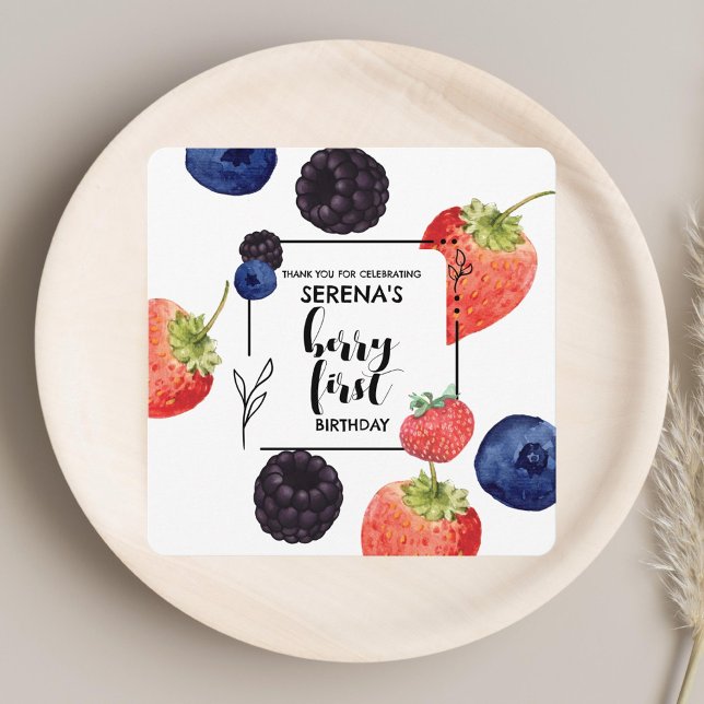 Berry First | 1st Birthday | Mixed Berry Square Thank You Card (Creator Uploaded)