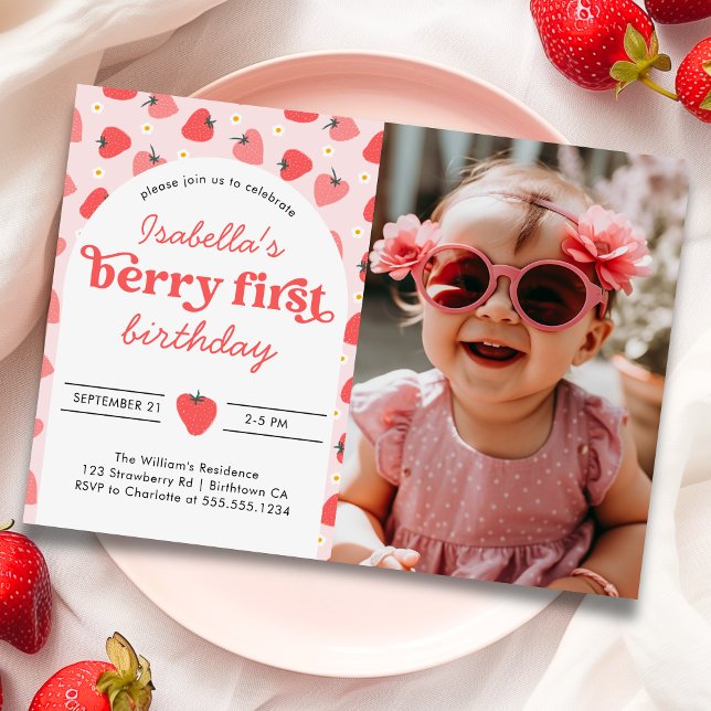 Berry First 1st Birthday Strawberry Photo Invitation (Creator Uploaded)