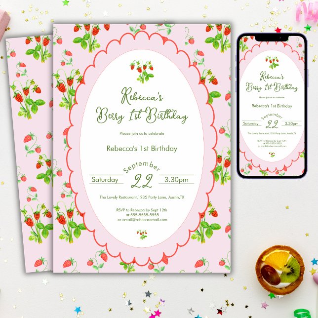 Berry First 1st Birthday  Strawberry & Pink Invitation (Creator Uploaded)