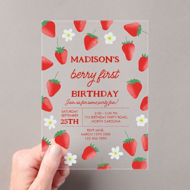 Berry First 1st Birthday Strawberry Turning One Acrylic Invitations (Insitu (Handheld))