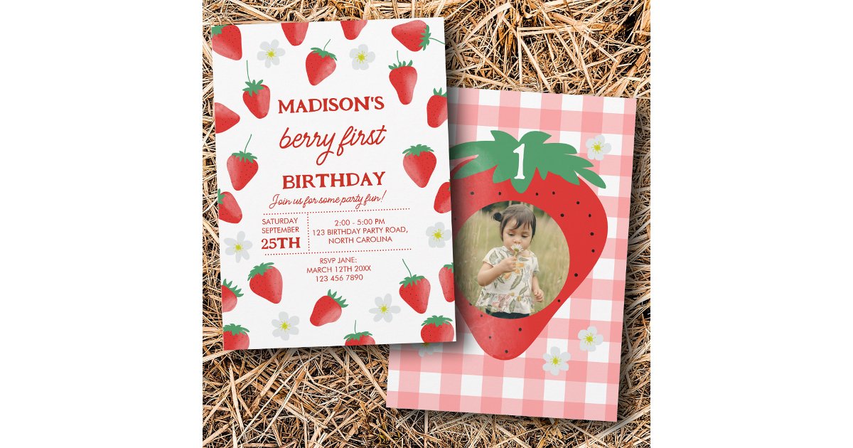 Berry First 1st One Birthday Strawberry Photo Invitation | Zazzle