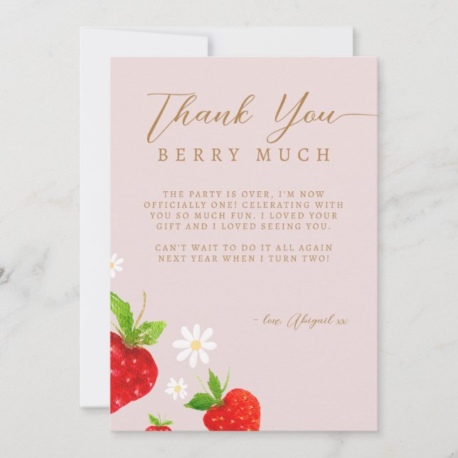 Berry First 1st Strawberry Birthday Photo Thank You Card (Front)