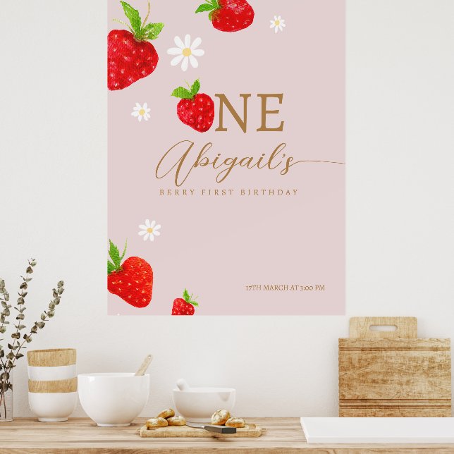 Berry First 1st Strawberry Birthday Welcome  Poster (Kitchen)