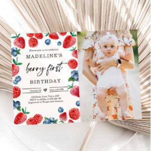 Berry First 1st Strawberry Raspberry Birthday  Invitation