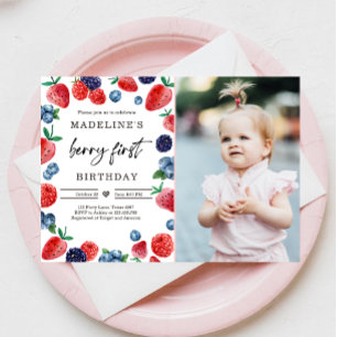 Berry First 1st Strawberry Raspberry Birthday  Invitation