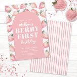Berry First Birthday 1st Birthday Party Invitation<br><div class="desc">A cute and girly 'Berry First' 1st birthday theme featuring watercolor pink strawberries with green leaves. A cute white handwriting script typography mixed with a bold serif font as well as a simple font on a blush pink arch. You can change the font colors out to whatever you'd like. You...</div>