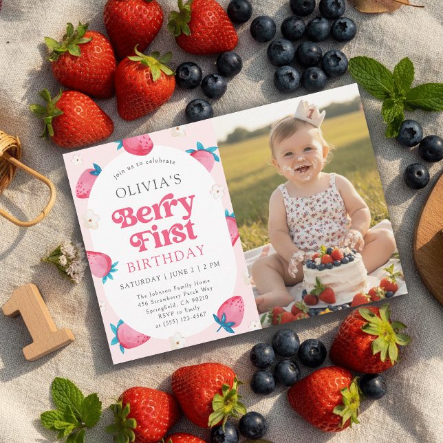 Berry First Birthday 1st Birthday Photo Invitation (Creator Uploaded)