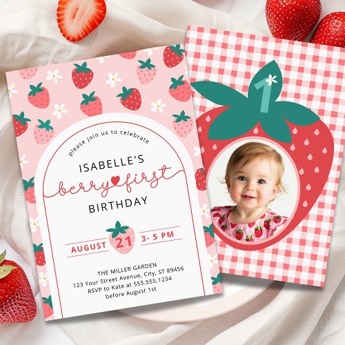 Berry First Birthday 1st Birthday Strawberry Photo Invitation