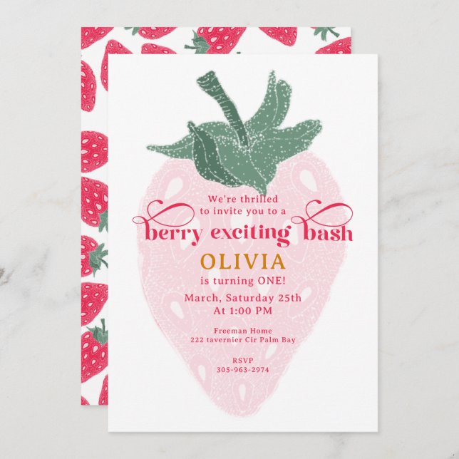 Berry First Birthday Bash - Strawberry Invitation (Front/Back)