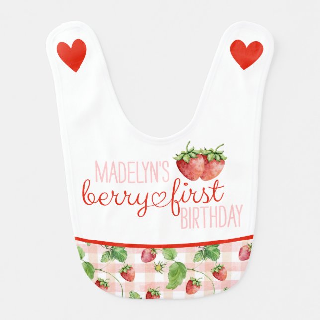 Berry First Birthday Bib, Strawberry Bib for Girls (Front)