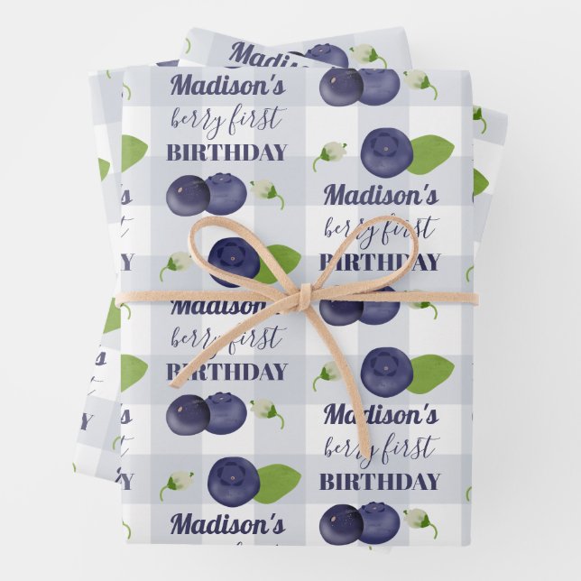 Berry First Birthday Blueberries First 1st Name Wrapping Paper Sheets (In situ)