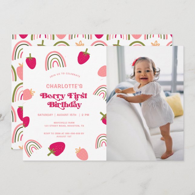 Berry First Birthday Boho Rainbow Photo  Invitatio Invitation (Front/Back)