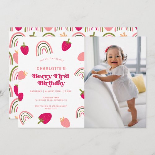 Berry First Birthday Boho Rainbow Photo  Invitatio Invitation