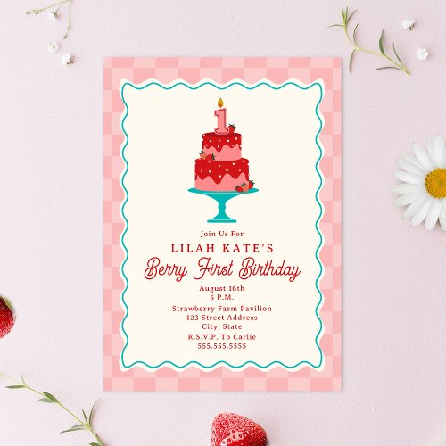 Berry First Birthday Checkerboard Strawberry Cake Invitation