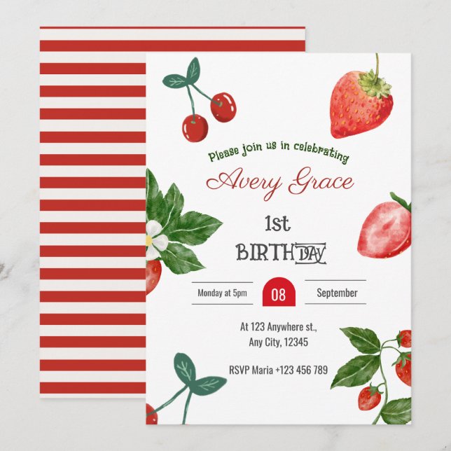 Berry First Birthday Cute Berries & Strawberries Invitation (Front/Back)