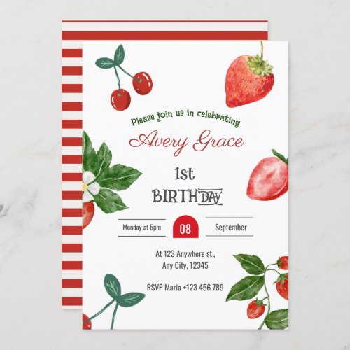 Berry First Birthday Cute Berries  Strawberries Invitation