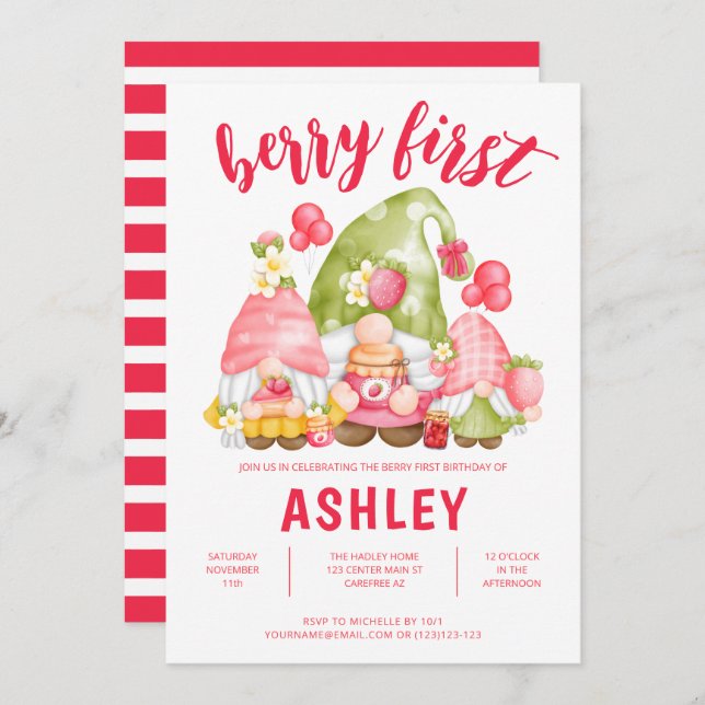 Berry First Birthday Cute Invitation (Front/Back)