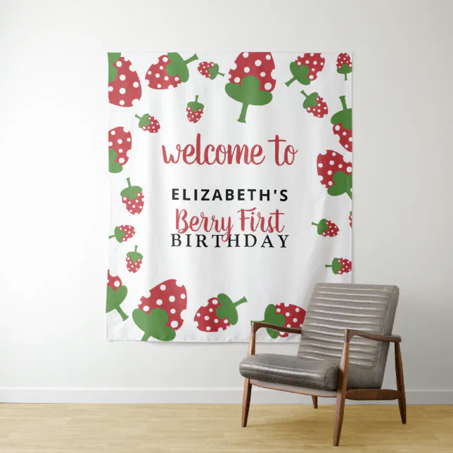 Berry First Birthday Cute Strawberry Backdrop | Zazzle
