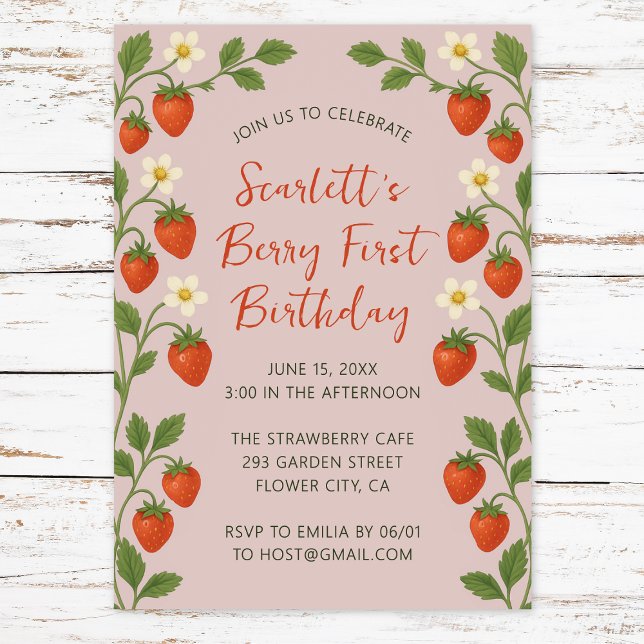 Berry First Birthday Cute Strawberry Floral Pink Invitation (Creator Uploaded)