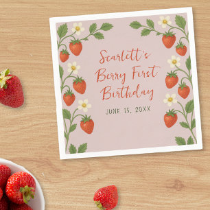 Berry First Birthday Cute Strawberry Floral Pink Napkins